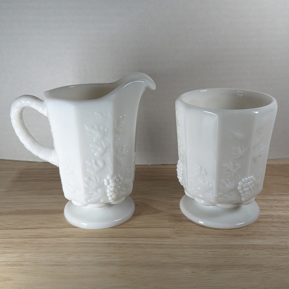 White Milk Glass Creamer & Sugar Set, Grape Leaf Pattern, Glossy, 2pc